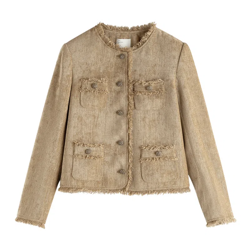 茵曼 优雅小香风短款外套毛边圆领长袖截短外套 女款