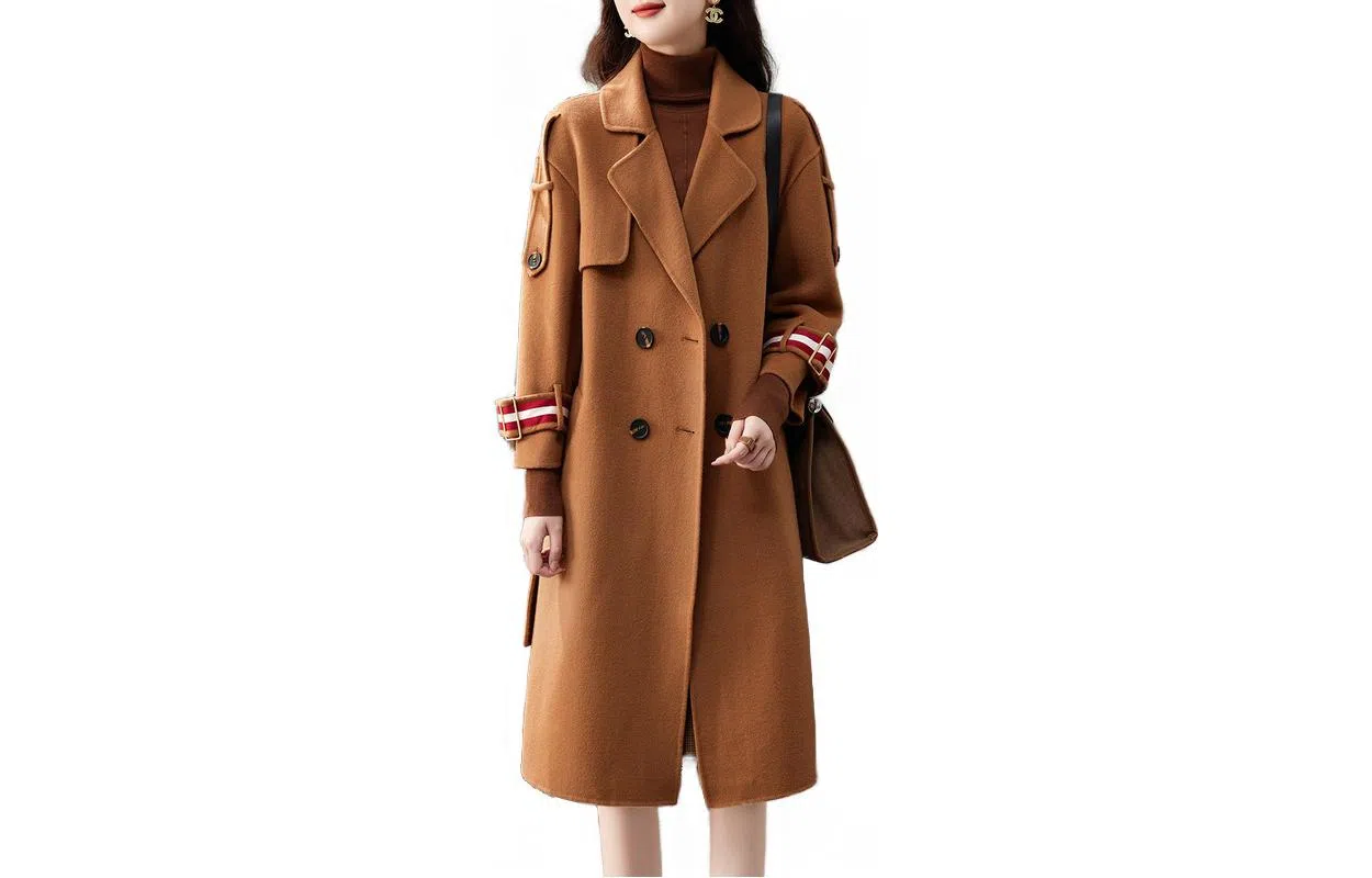 【dme】 袖袢条纹双排扣宽松双面呢休闲大衣 女款