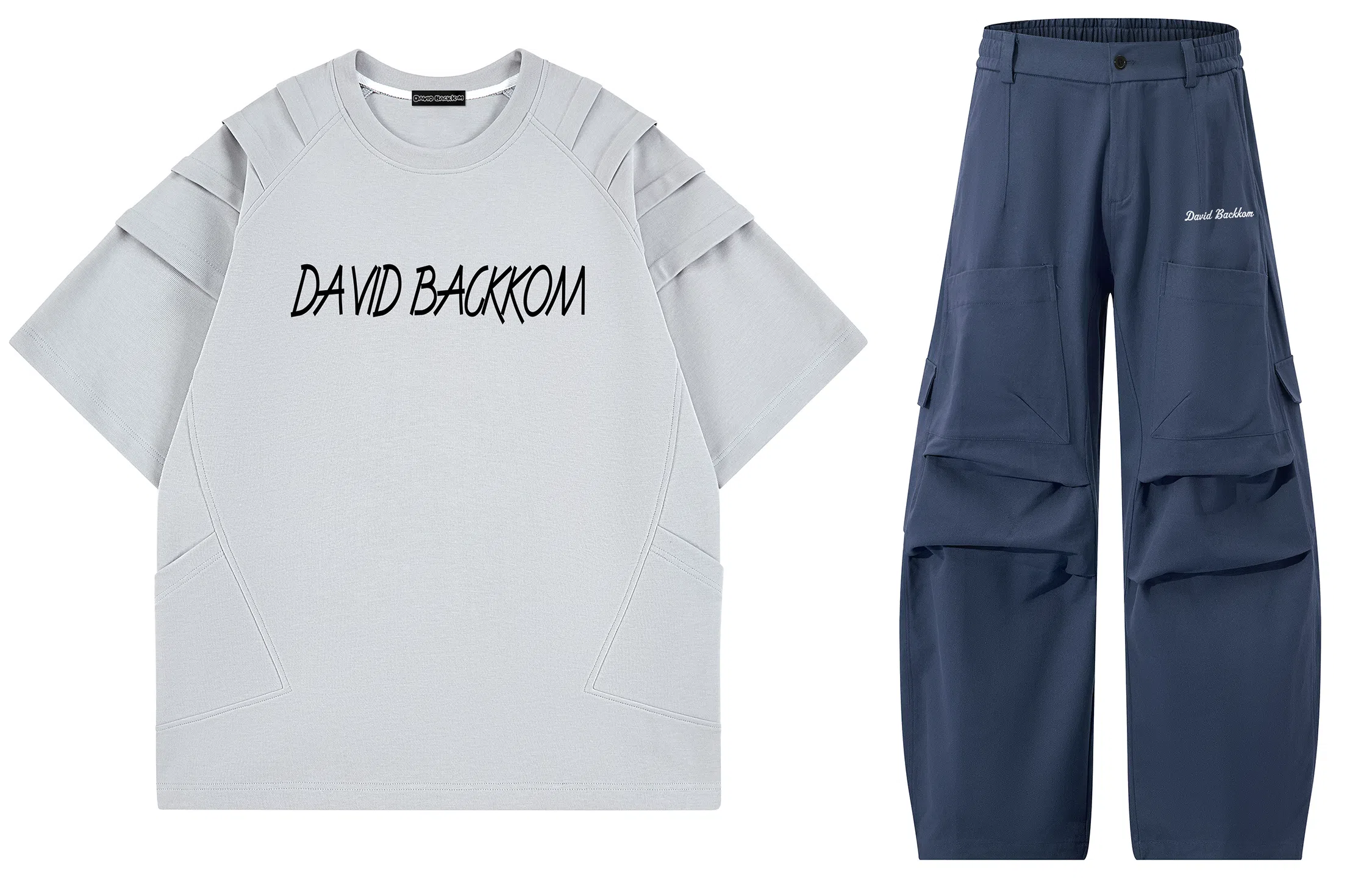 大卫贝肯 美式复古手写字母印花图案重磅双面棉多层次结构款多袋短袖山本斜弯刀褶皱伞兵裤休闲运动套装 男女同款