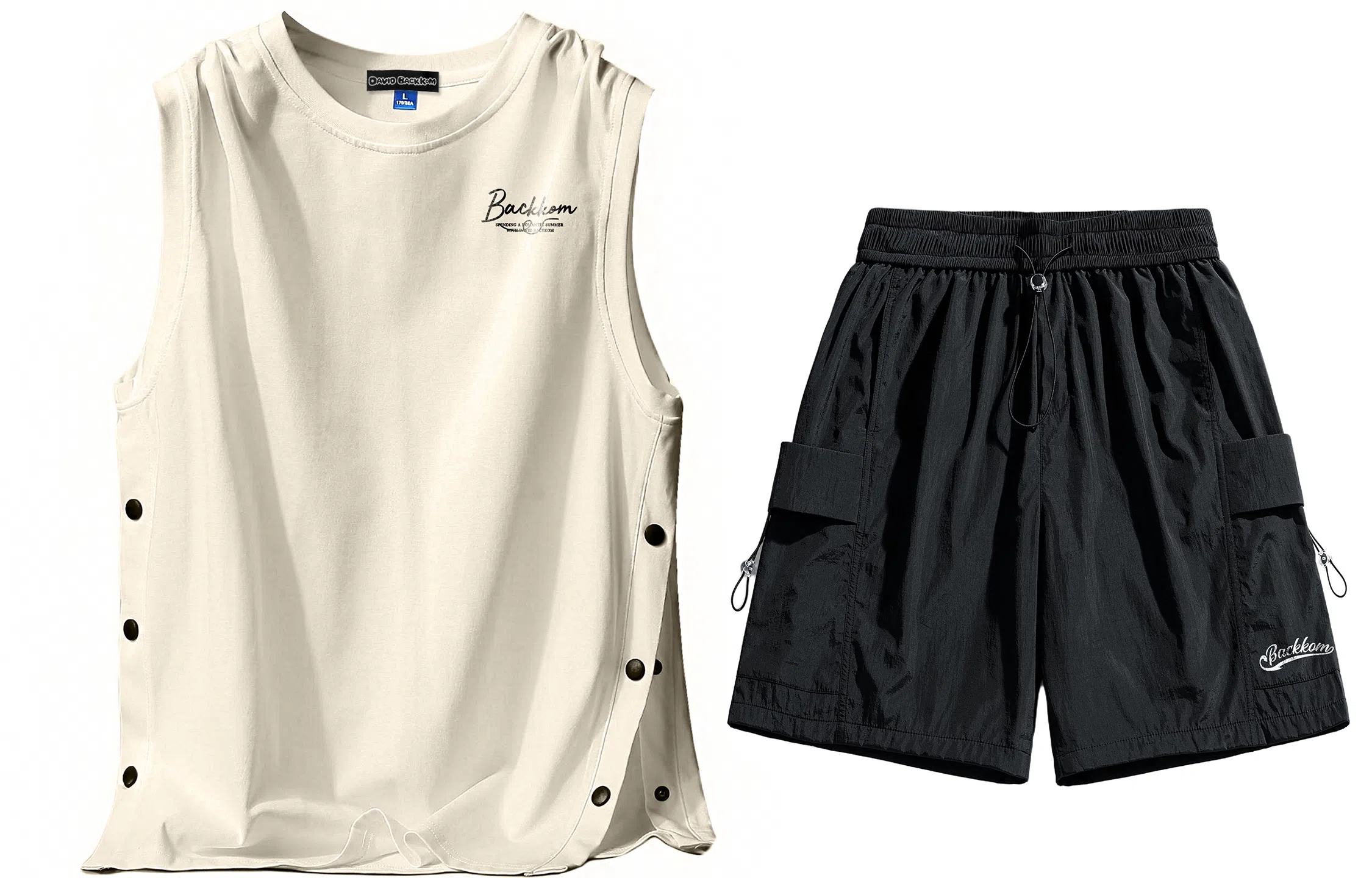 大卫贝肯 美式嘻哈街头侧边排扣设计字母印花背心松紧系带腰头户外速干工装短裤宽松舒适百搭潮流休闲运动套装 男女同款