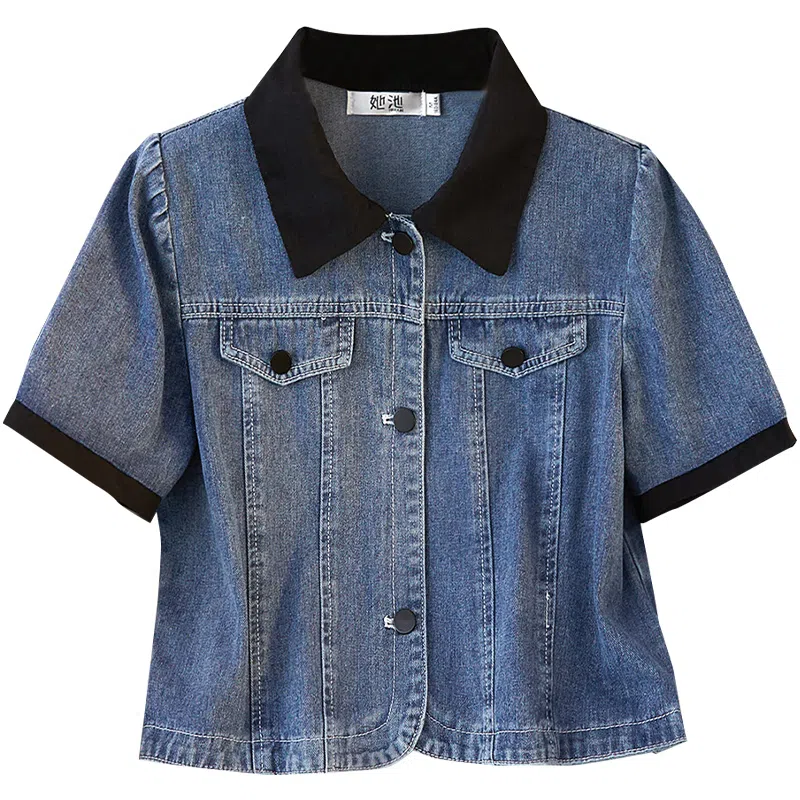 她池 翻领短袖单排扣短款外搭牛仔外套 女款 浅蓝色