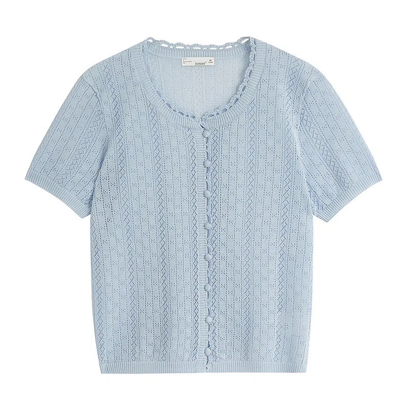 茵曼 镂空钩花老钱风短袖宽松针织衫 女款