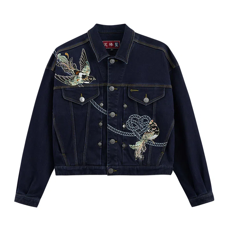 鬼洗 泥棒蓝同心喜鹊绣花情侣牛仔外套 女款 蓝
