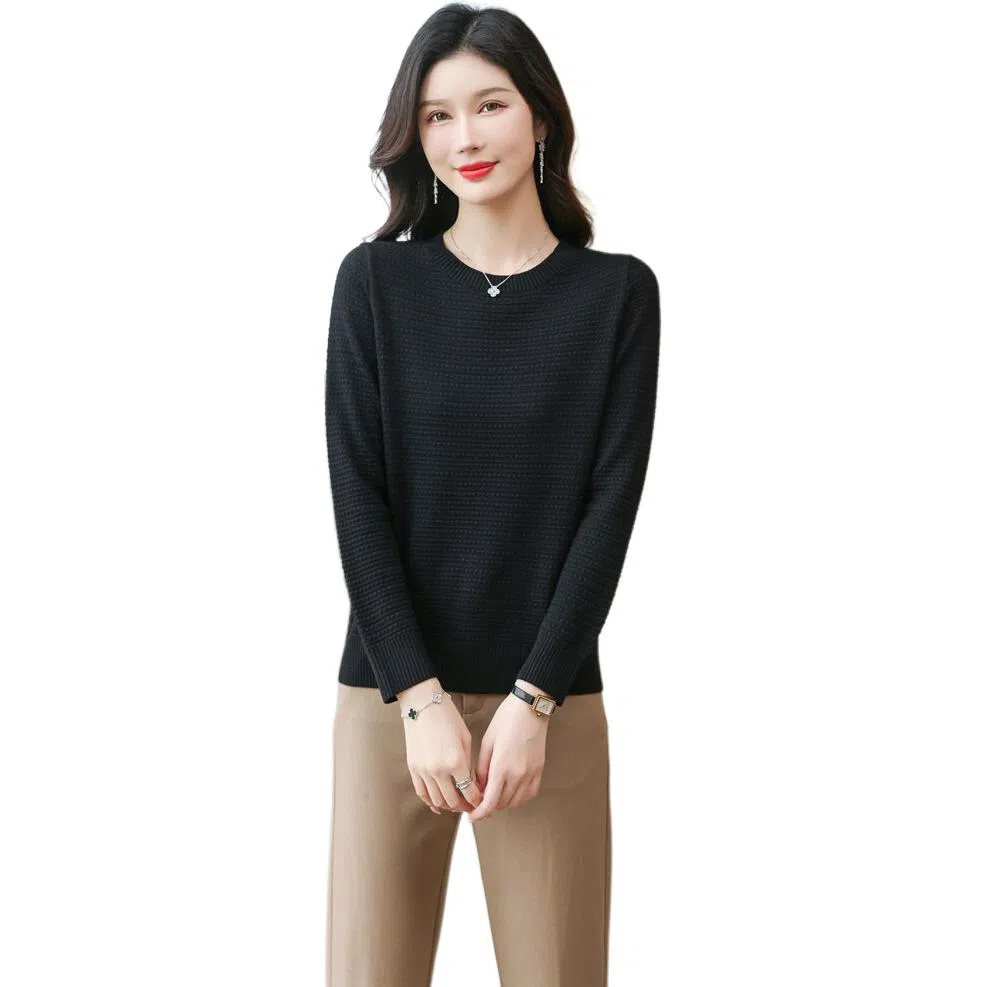 恒源祥 纯色百搭圆领宽松休闲长袖针织衫 女款
