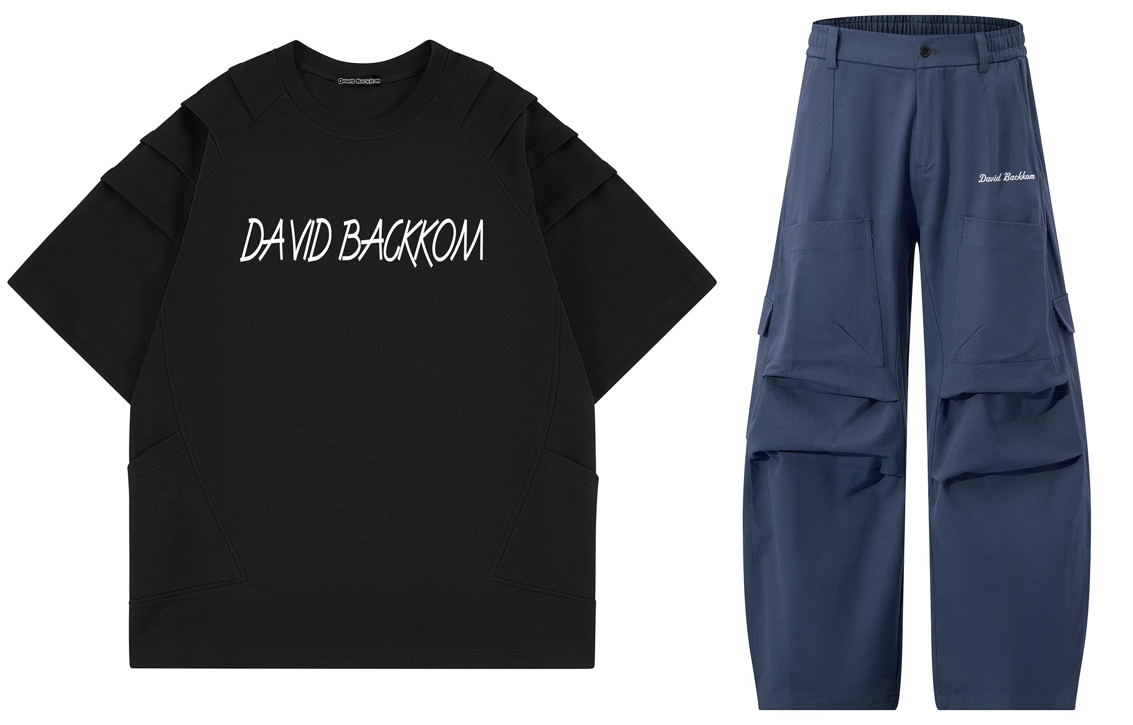 大卫贝肯 美式复古手写字母印花图案重磅双面棉多层次结构款多袋短袖山本斜弯刀褶皱伞兵裤休闲运动套装 男女同款