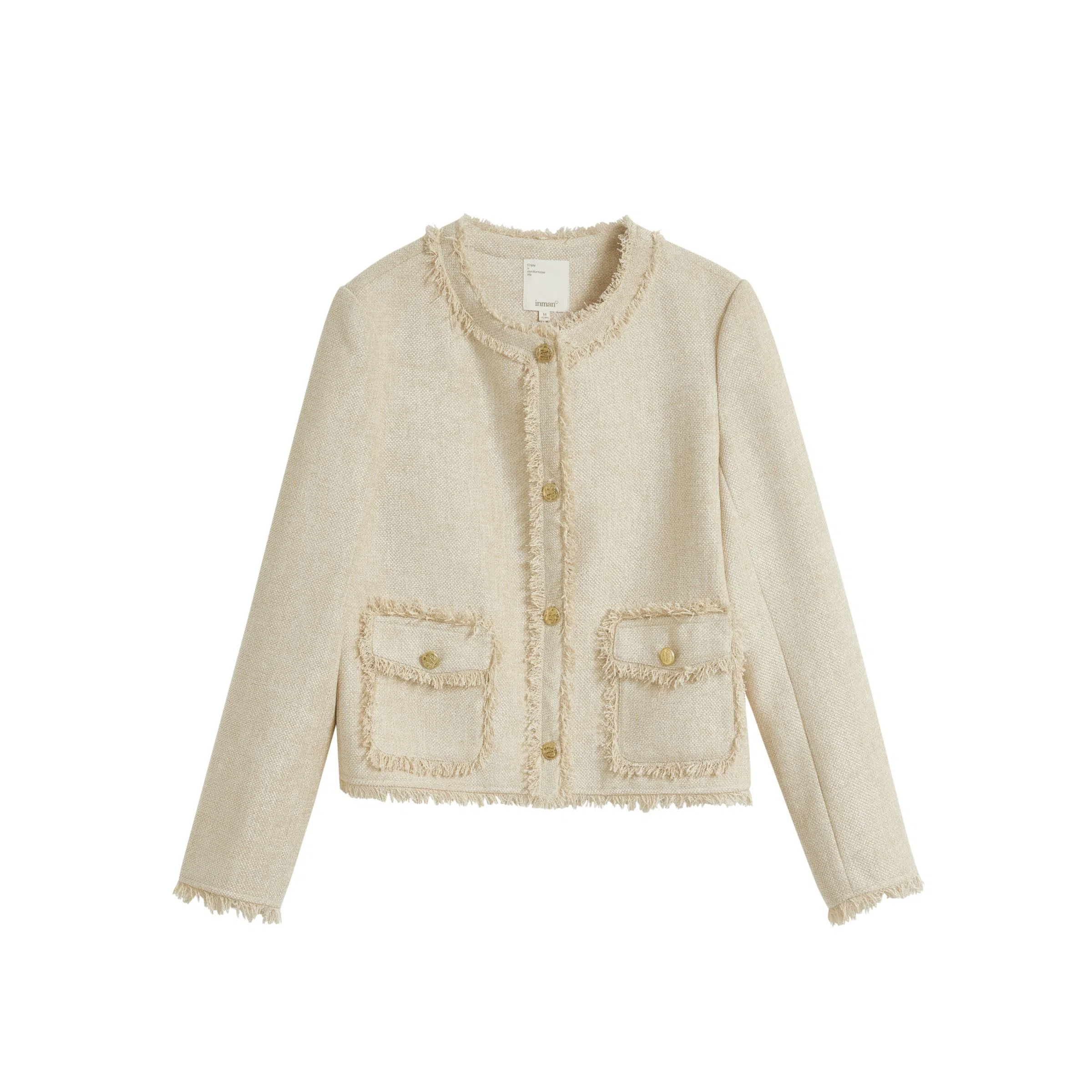 茵曼 优雅小香风短款外套毛边圆领长袖截短外套 女款