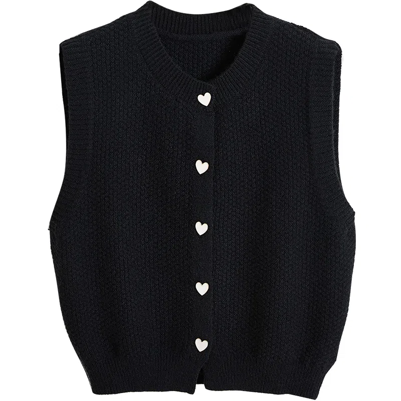 她池 纯色单排扣圆领马甲 女款 黑色