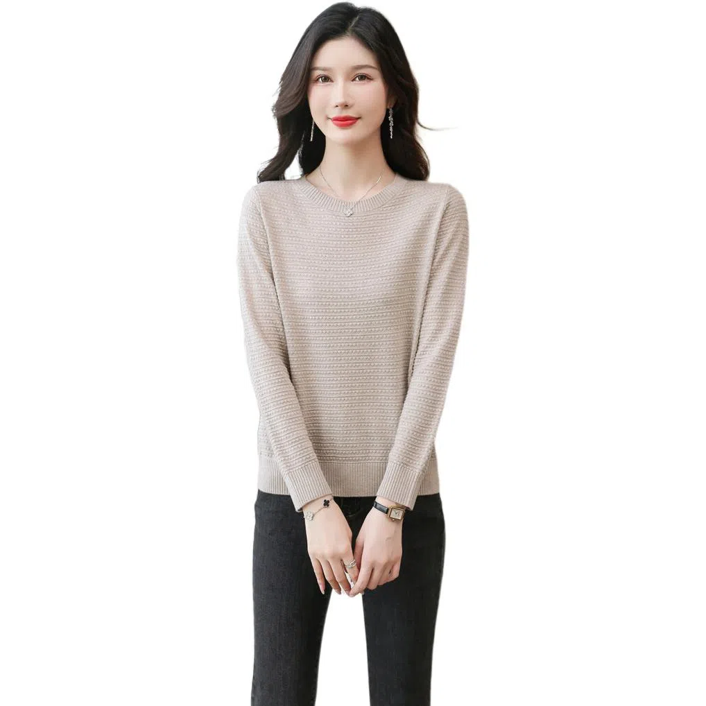 恒源祥 纯色百搭圆领宽松休闲长袖针织衫 女款
