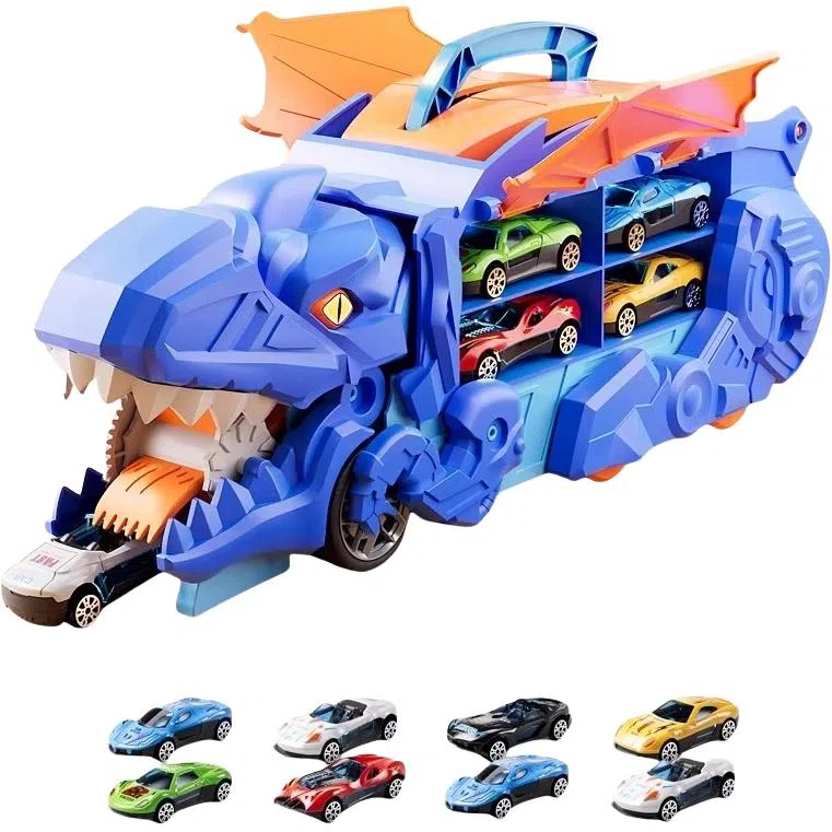 安可托 超大霸王龙吞食变形轨道车 弹射合金小汽车 早教益智玩具