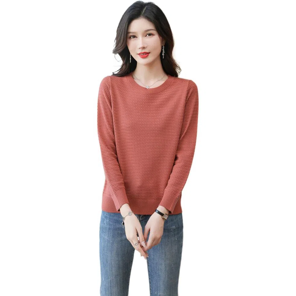 恒源祥 纯色百搭圆领宽松休闲长袖针织衫 女款