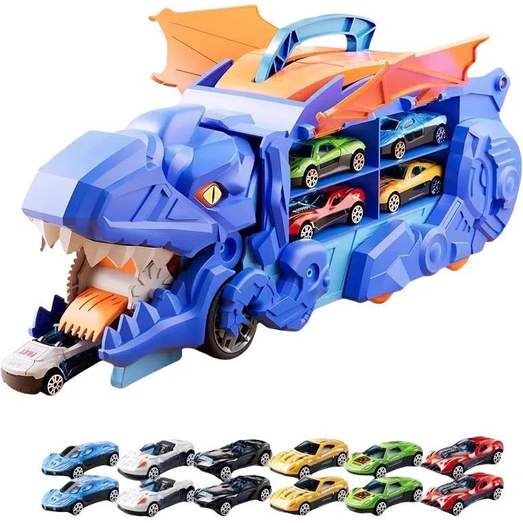 安可托 超大霸王龙吞食变形轨道车 弹射合金小汽车 早教益智玩具
