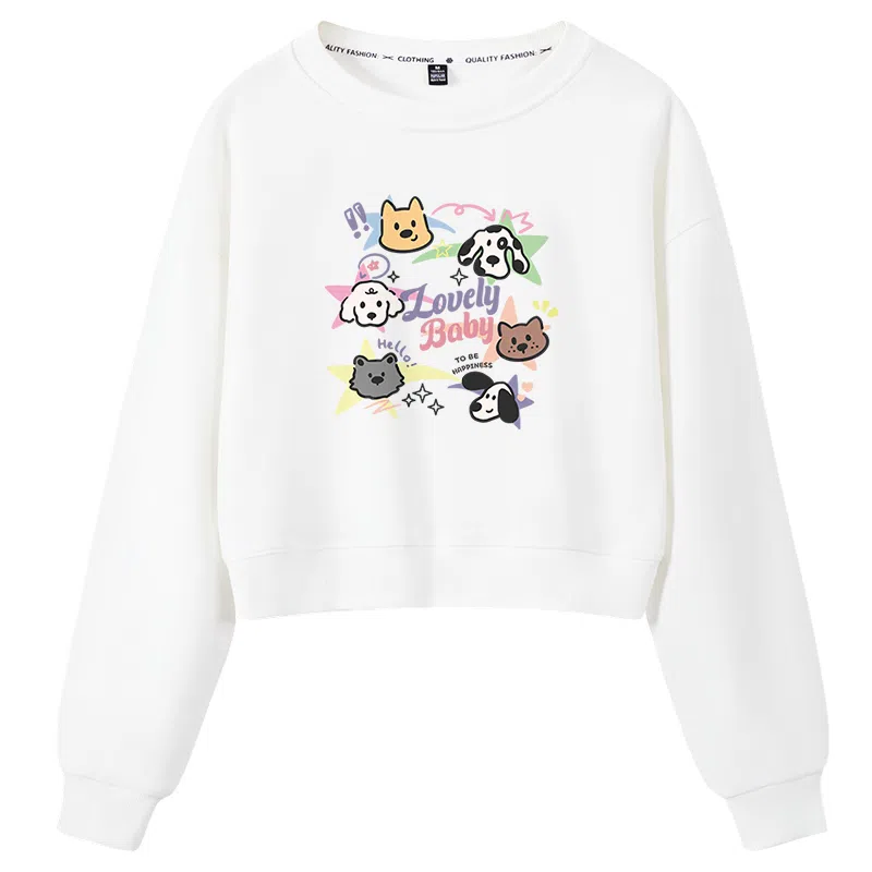 棉致 喵喵伙伴纯色简约圆领弹力吸湿透气短款宽松套头长袖卫衣 女