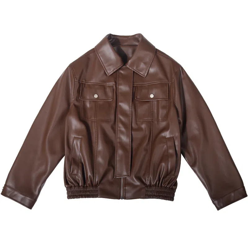 兔半眠 美式复古宽松皮衣外套 女款 咖色