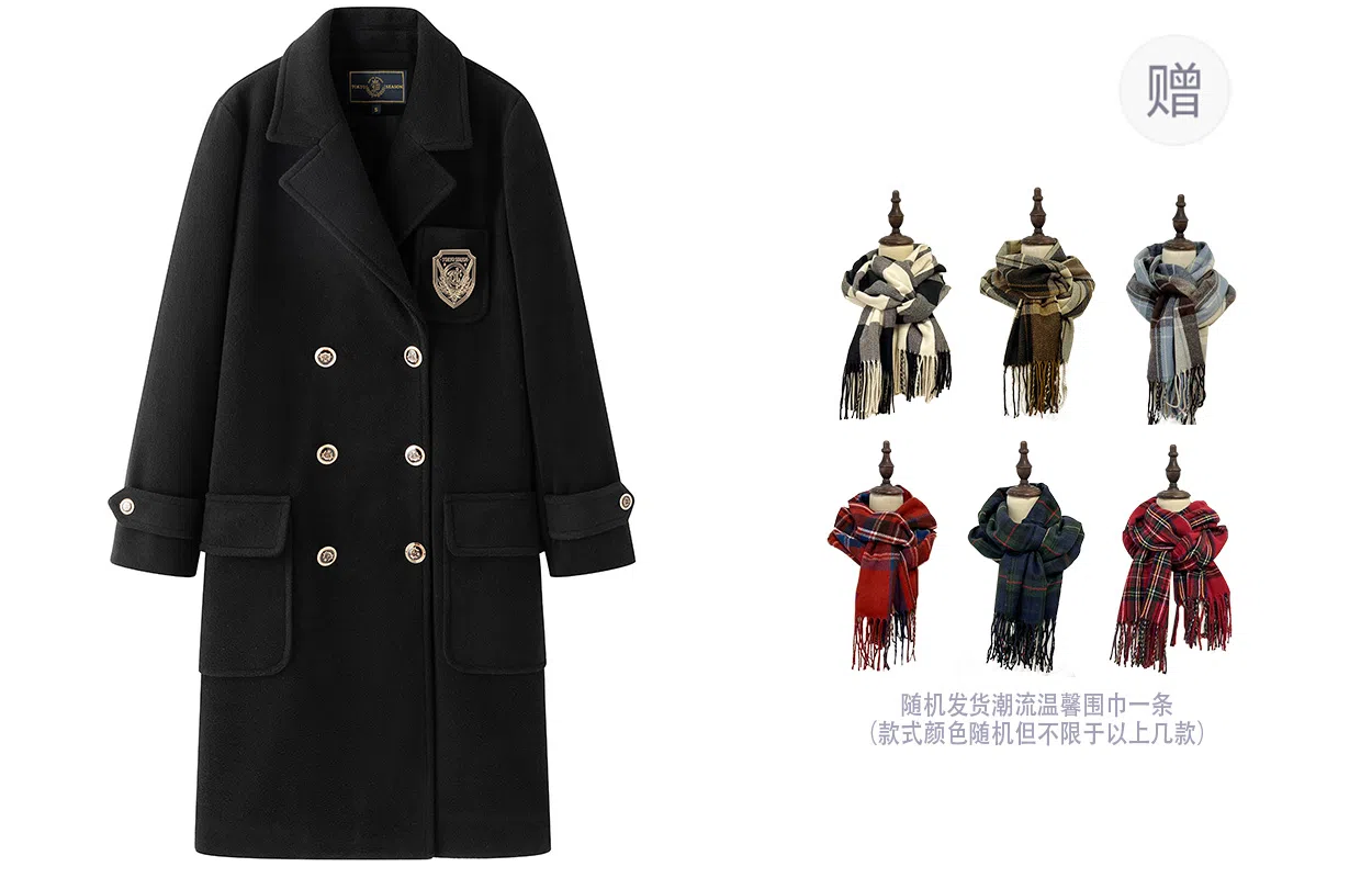 东鲸岁时记 毛呢学院风双排扣西装领长袖大衣 女款 黑色