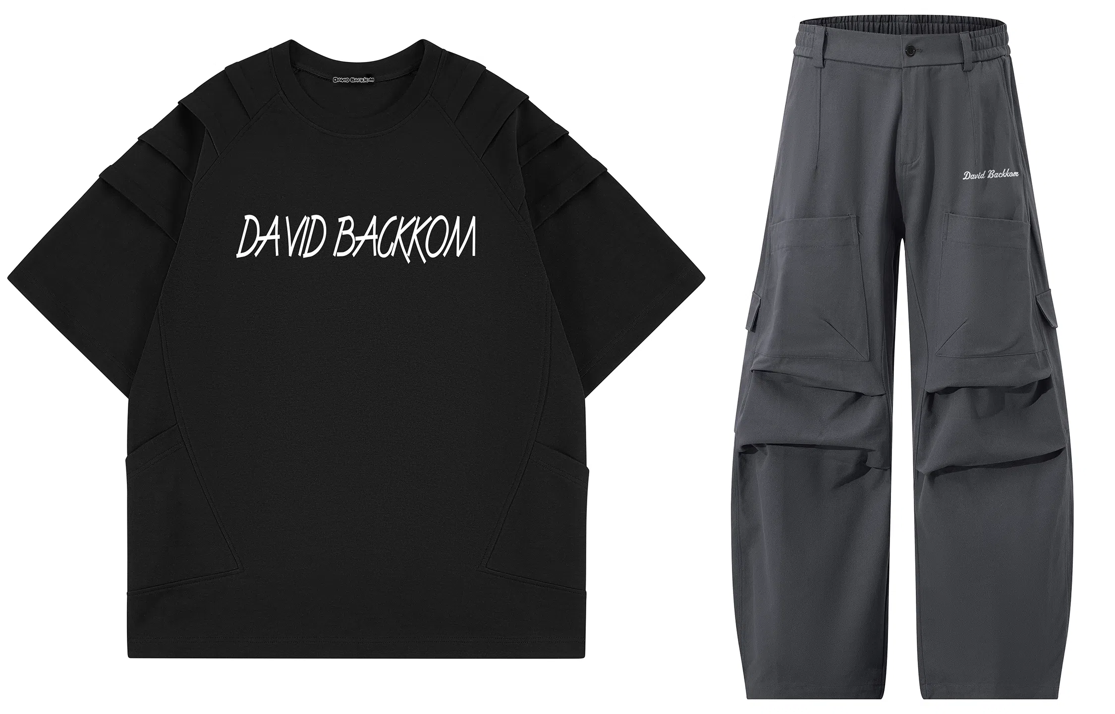 大卫贝肯 美式复古手写字母印花图案重磅双面棉多层次结构款多袋短袖山本斜弯刀褶皱伞兵裤休闲运动套装 男女同款