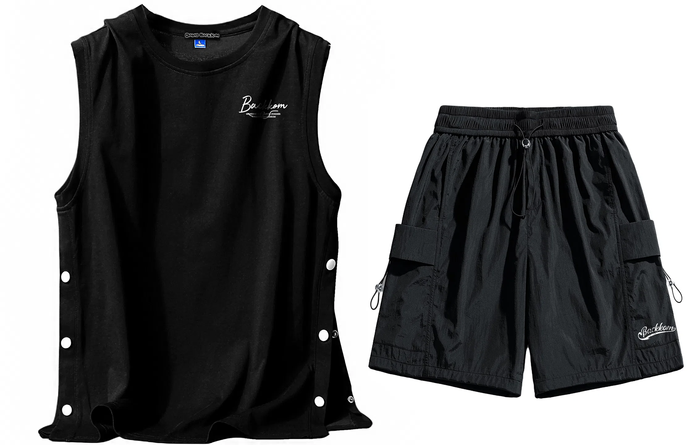 大卫贝肯 美式嘻哈街头侧边排扣设计字母印花背心松紧系带腰头户外速干工装短裤宽松舒适百搭潮流休闲运动套装 男女同款