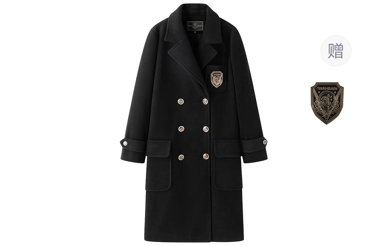 东鲸岁时记 毛呢学院风双排扣西装领长袖大衣 女款 黑色