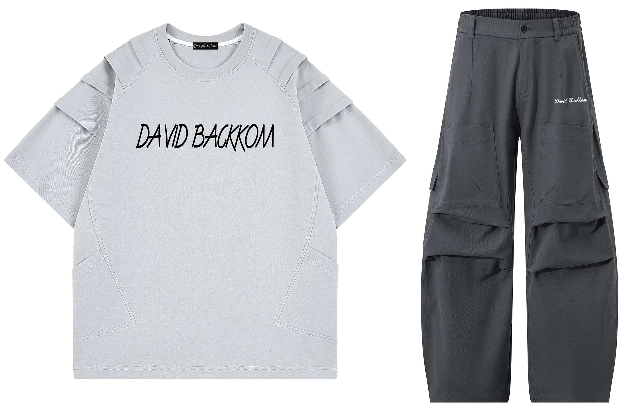 大卫贝肯 美式复古手写字母印花图案重磅双面棉多层次结构款多袋短袖山本斜弯刀褶皱伞兵裤休闲运动套装 男女同款