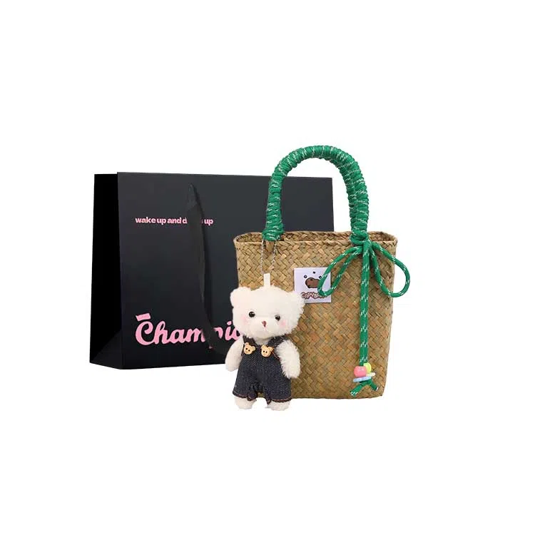 冠军小熊 可爱小熊编织手绳菜篮子包彩色装饰绳精致手工编制包沙滩包 草编 手提包 女款 咖色/绿色/粉色/黄色