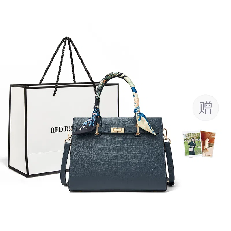 红蜻蜓 凯莉包丝巾高级感小众时尚实用百搭通勤潮流 头层牛皮 单肩斜挎手提包 女款 蓝色