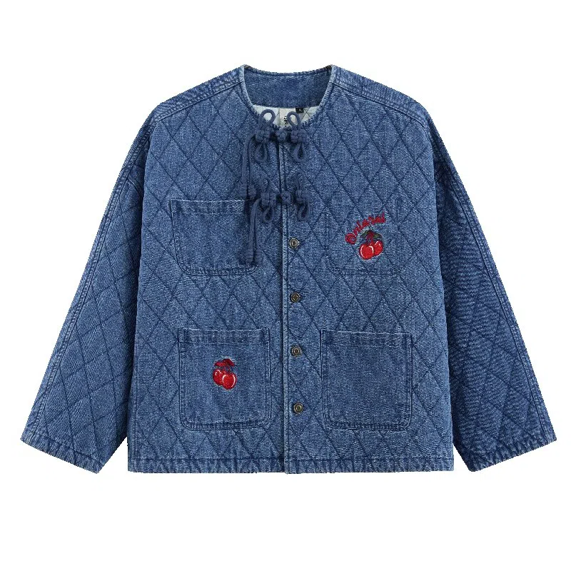 鬼洗 樱桃盘扣菱形格铺牛仔外套 女款 蓝色