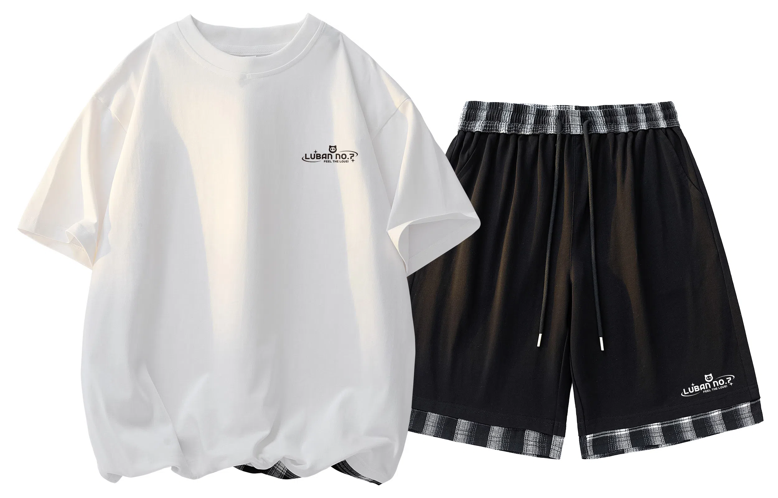 王者荣耀 鲁班七号星空梦想款美式复古下摆拼接基础款设计宽松短袖短裤两件套氛围感百搭简约休闲运动套装 男女同款