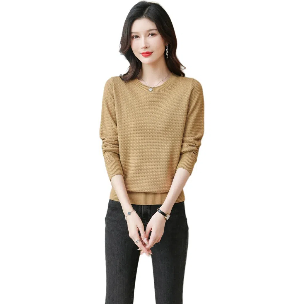 恒源祥 纯色百搭圆领宽松休闲长袖针织衫 女款