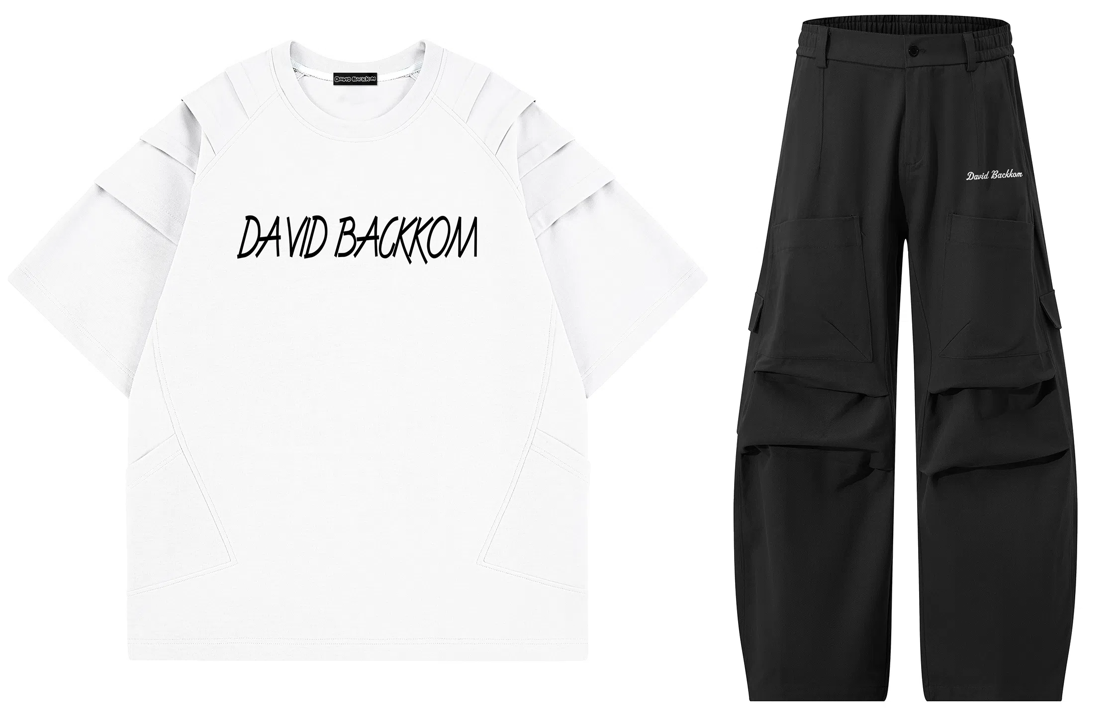 大卫贝肯 美式复古手写字母印花图案重磅双面棉多层次结构款多袋短袖山本斜弯刀褶皱伞兵裤休闲运动套装 男女同款