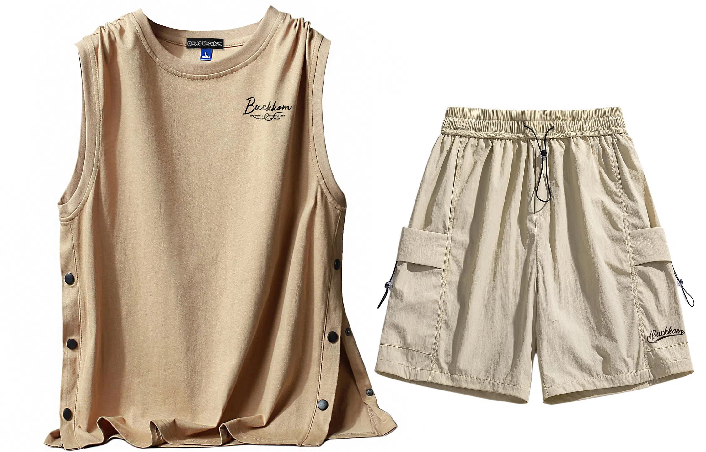 大卫贝肯 美式嘻哈街头侧边排扣设计字母印花背心松紧系带腰头户外速干工装短裤宽松舒适百搭潮流休闲运动套装 男女同款