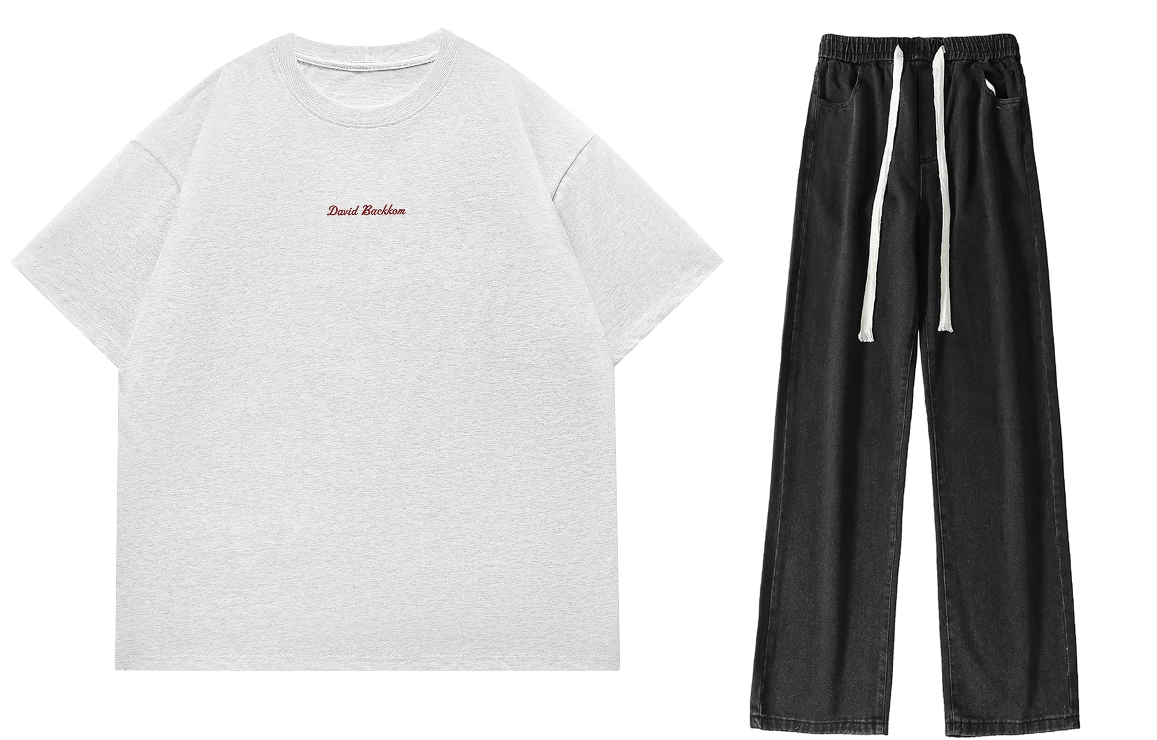 大卫贝肯 美式复古纯棉基础款纯色字母印花上衣透气吸汗宽松直筒系带长裤休闲运动套装 男女同款