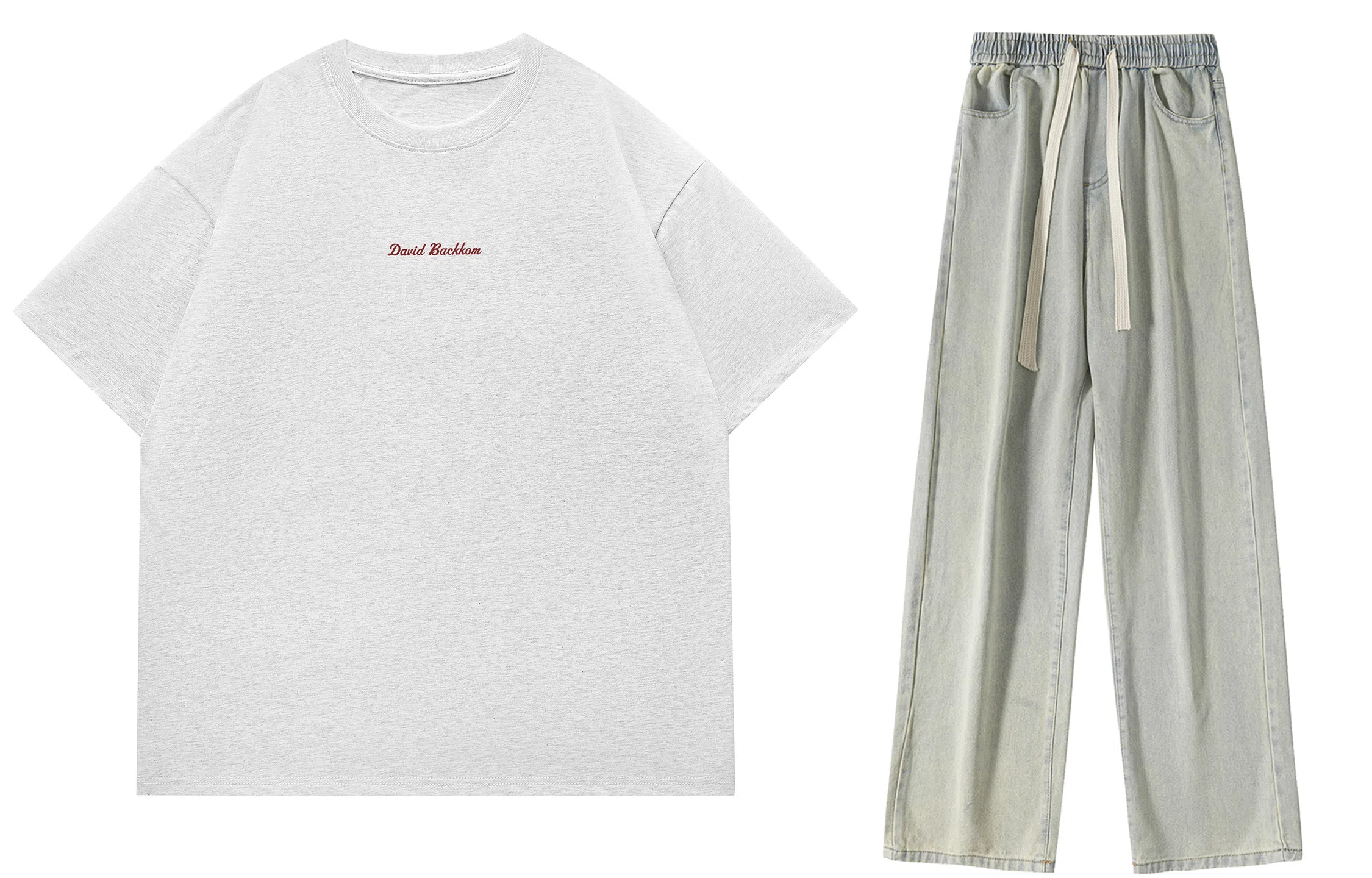 大卫贝肯 美式复古纯棉基础款纯色字母印花上衣透气吸汗宽松直筒系带长裤休闲运动套装 男女同款