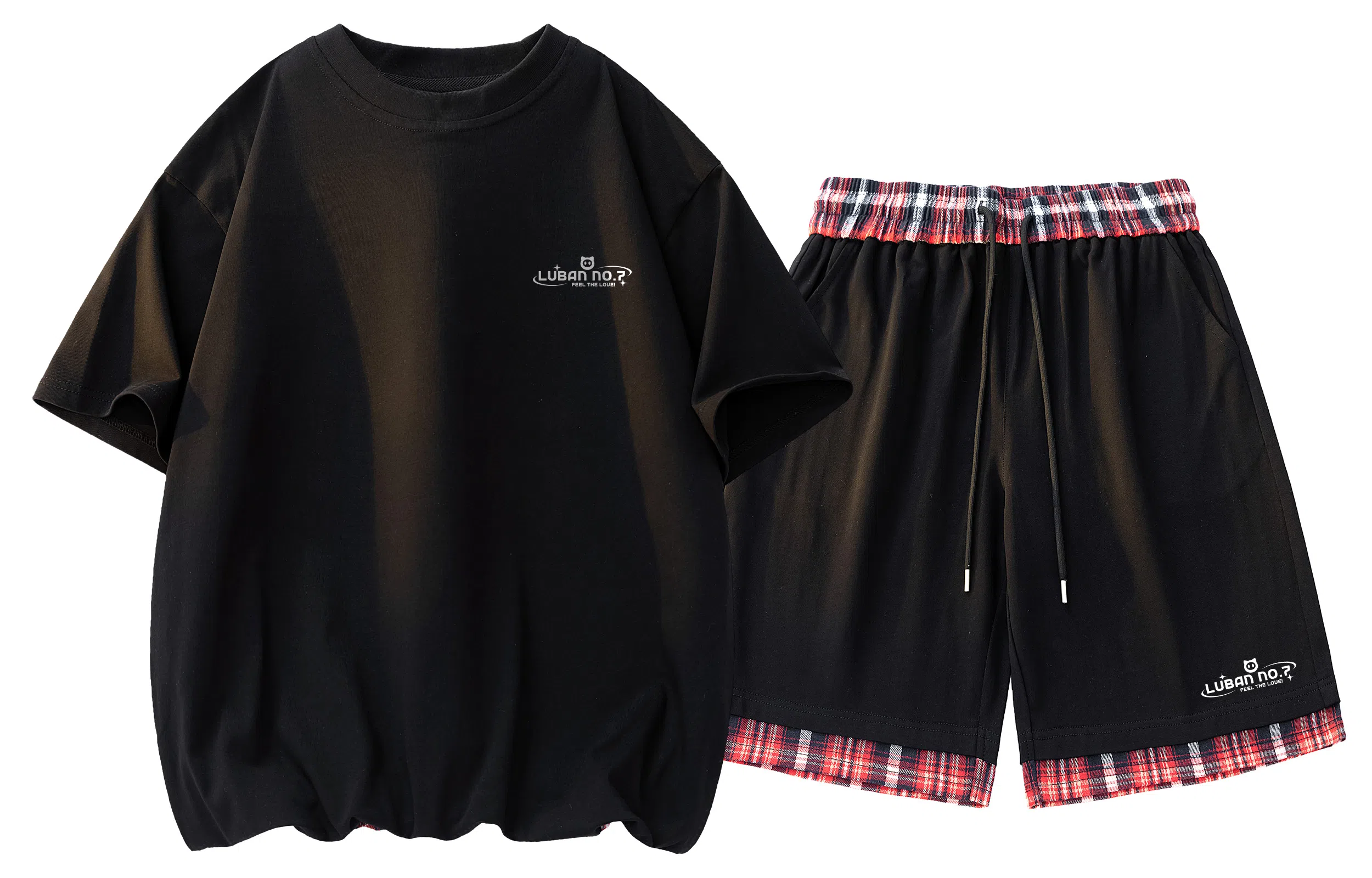 王者荣耀 鲁班七号星空梦想款美式复古下摆拼接基础款设计宽松短袖短裤两件套氛围感百搭简约休闲运动套装 男女同款