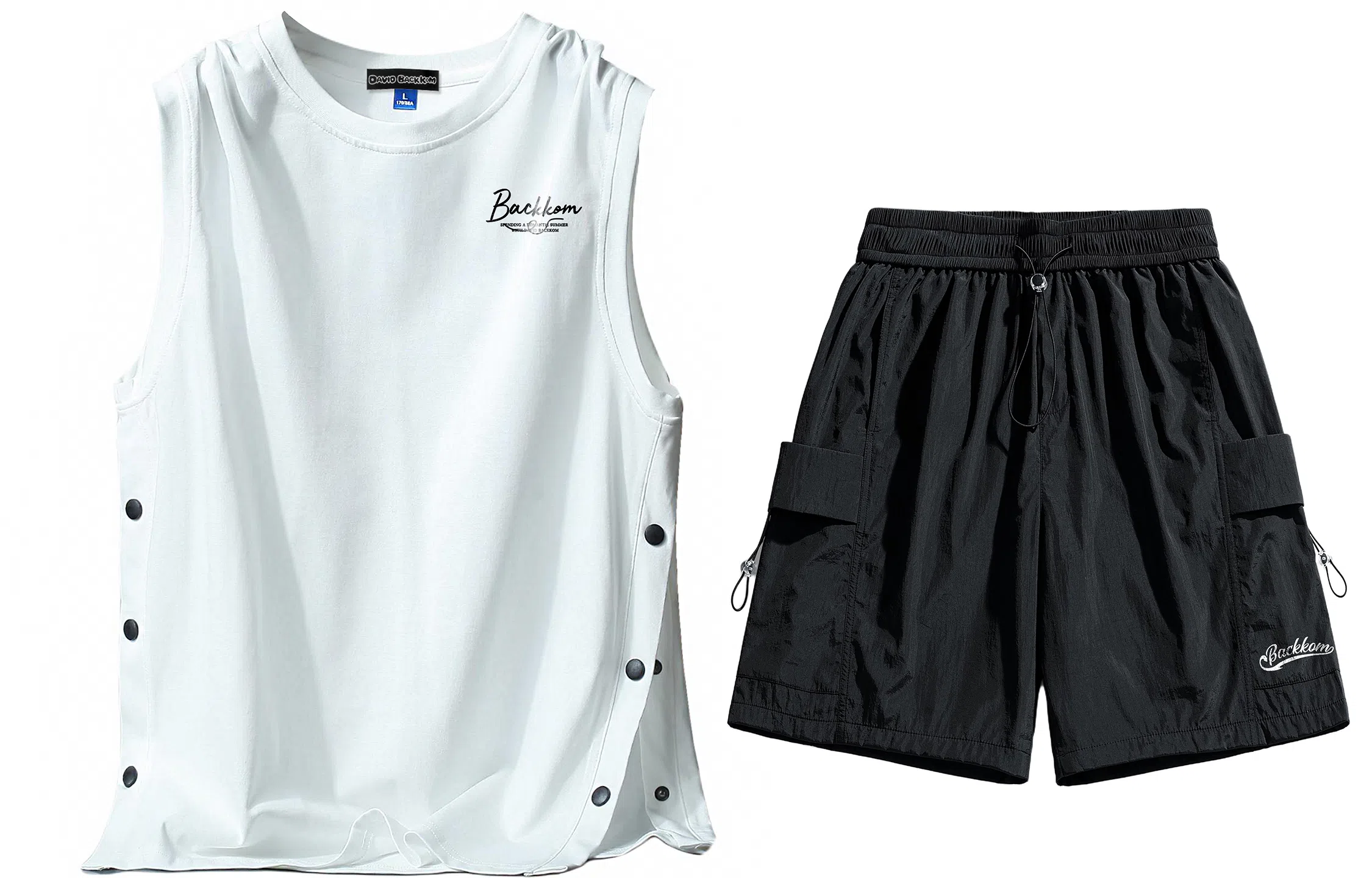 大卫贝肯 美式嘻哈街头侧边排扣设计字母印花背心松紧系带腰头户外速干工装短裤宽松舒适百搭潮流休闲运动套装 男女同款