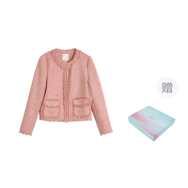 茵曼 优雅小香风短款外套毛边圆领长袖截短外套 女款