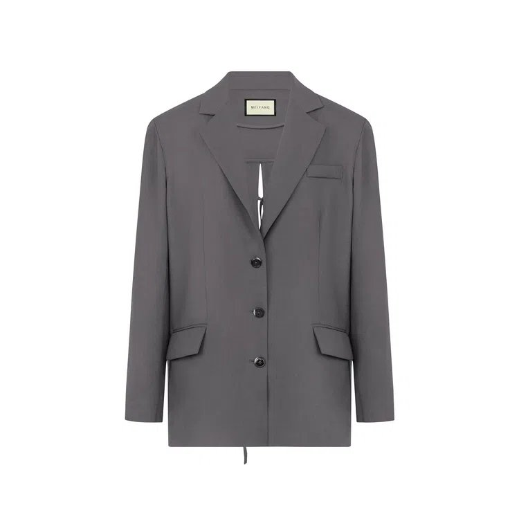 美洋 蝴蝶结 麻感花纱后开叉绑带通勤休闲西装 女