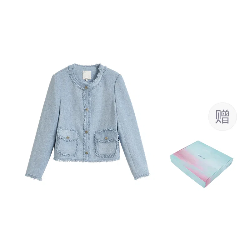 茵曼 优雅小香风短款外套毛边圆领长袖截短外套 女款