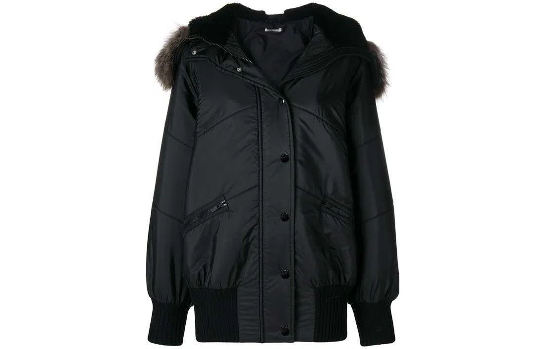 Miu Miu Solid Color Fur Collar Jacket Black
