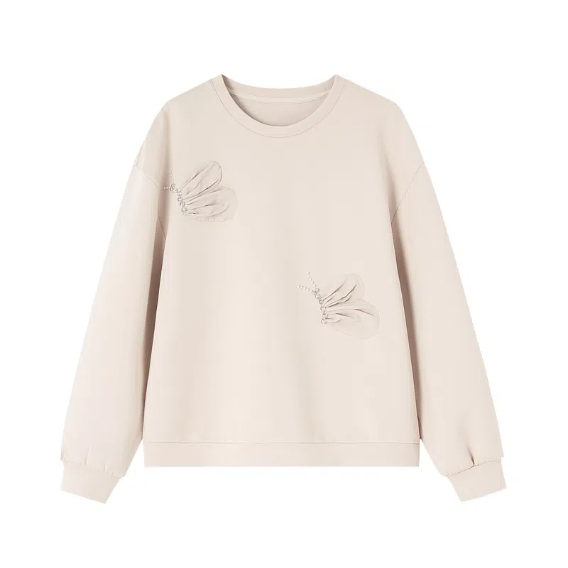 【dme】 纯色时尚简约圆领休闲立体蝴蝶贴布钉珠上衣宽松好搭长袖卫衣 女款