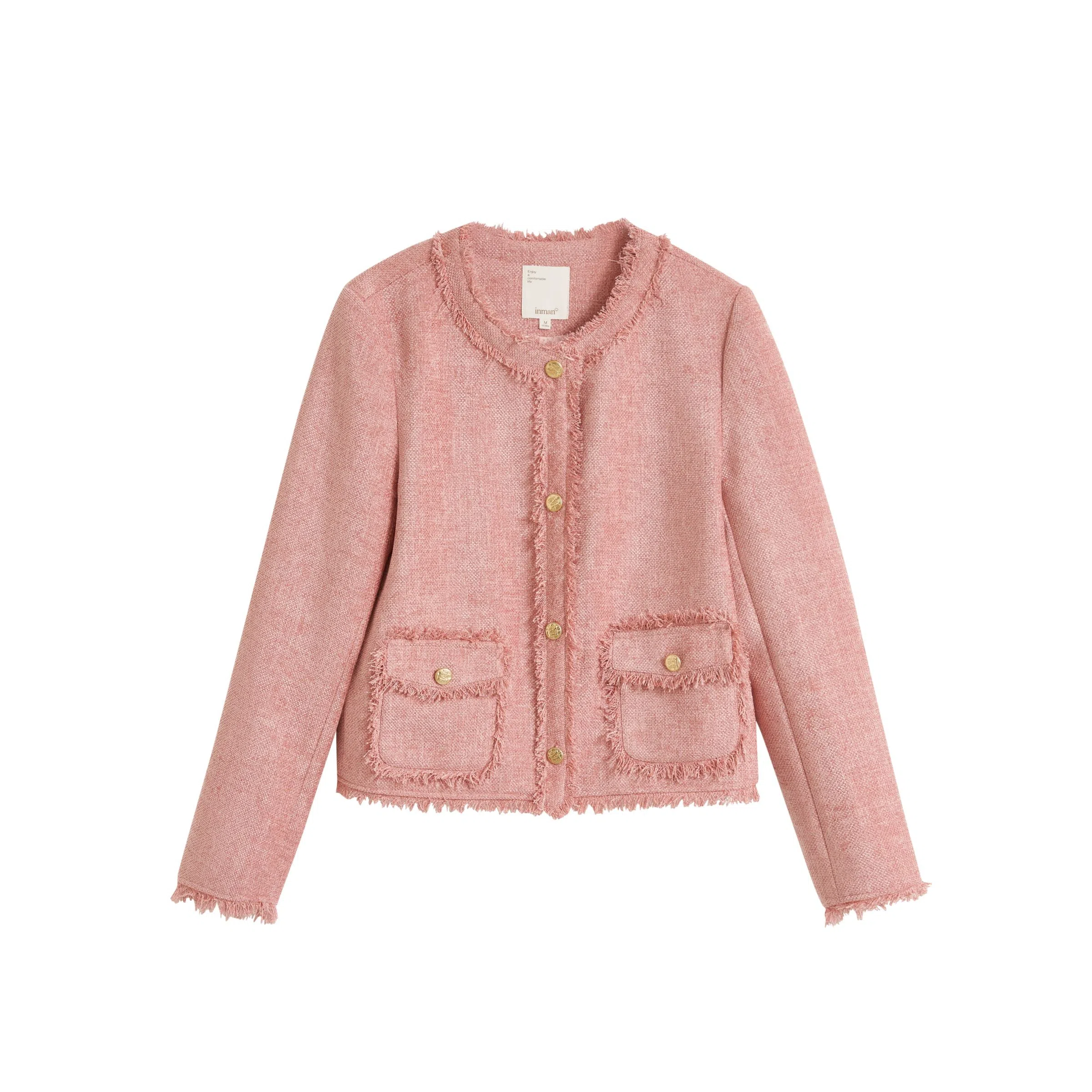 茵曼 优雅小香风短款外套毛边圆领长袖截短外套 女款