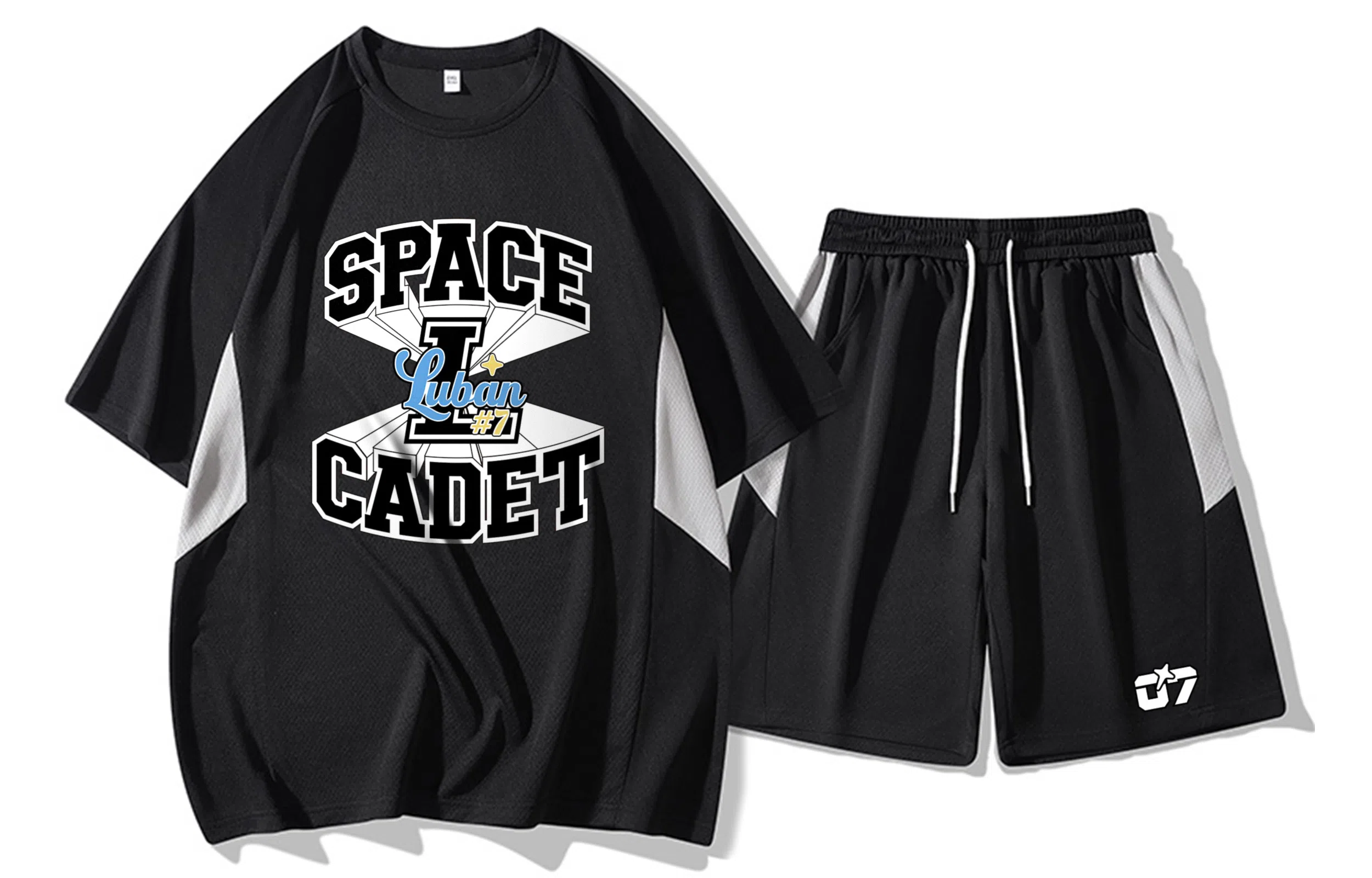 王者荣耀 鲁班七号星空梦想款 美式基础款立体印花宽松百搭舒适速干凉感圆领短袖垂感直筒五分抽绳短裤休闲运动套装 男女同款
