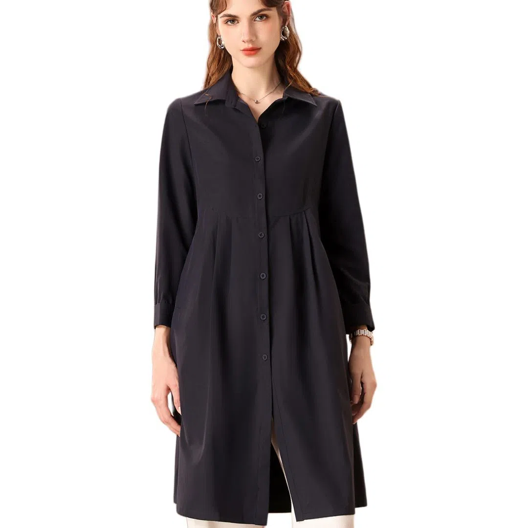 粉红玛琍 纯色中长款长袖风衣 女款 蓝色