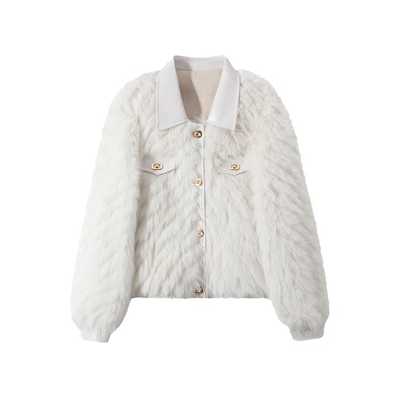 红蜻蜓 时髦短款仿水貂绒翻领外套皮草 女款 白色