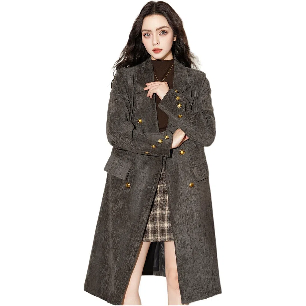 法文箱子 纯色双排扣长款风衣 女款