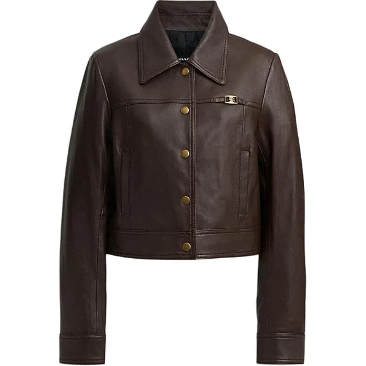 COACH Slim Single-Breasted Leather Jacket Brown