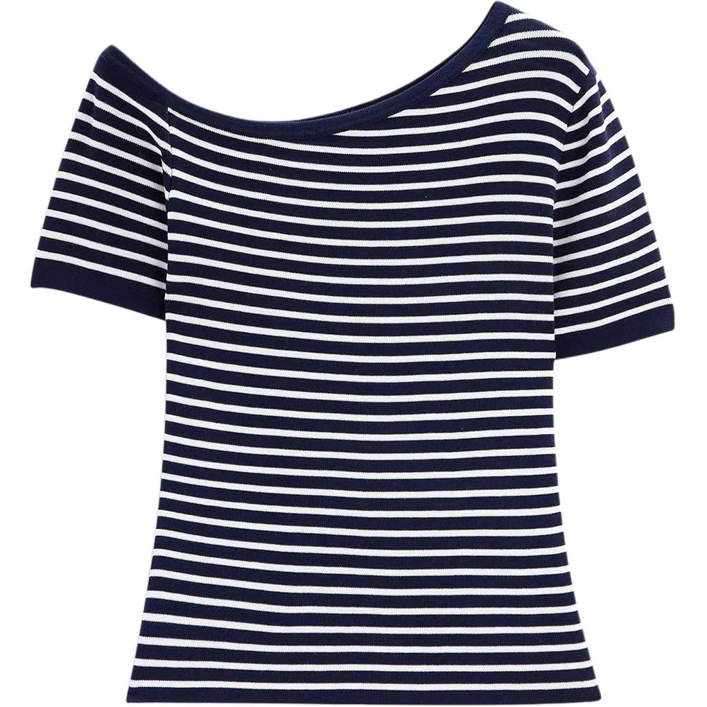 爱依服 韩版成熟条纹短袖针织衫 女款