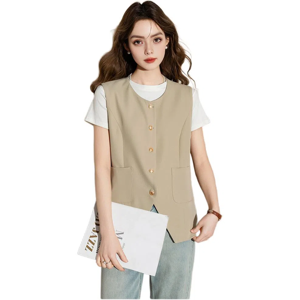 法文箱子 纯色圆领单排扣马甲 女款