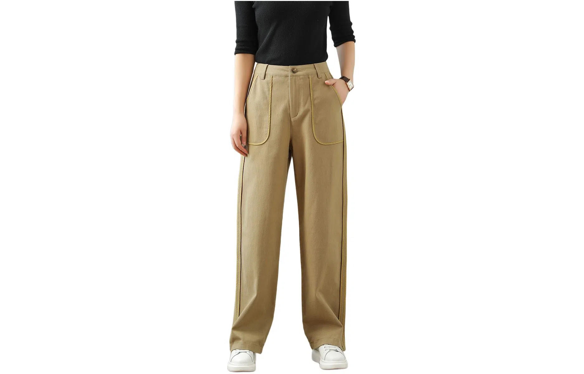 善己 高腰宽松侧条拼接休闲裤 女款 绿卡其