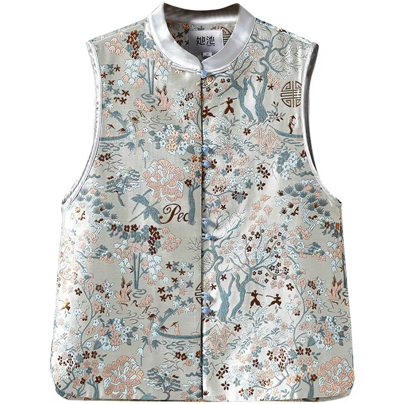 她池 新中式立领盘扣复古提花叠穿马甲 女款 青色