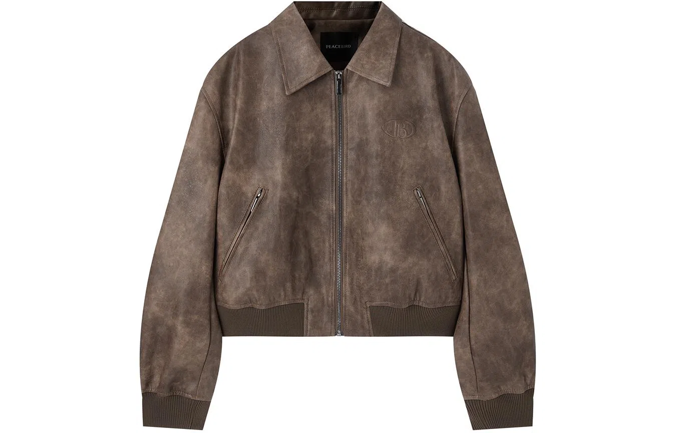 太平鸟 短款拉链仿水洗皮衣 女款