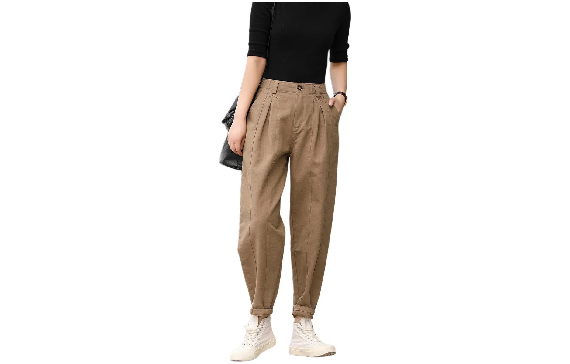 善己 宽松高腰通勤休闲裤 女款 卡其色